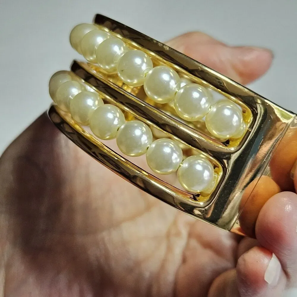 Gold Tone Cream Faux Pearl Double Layer Hinged Bangle Bracelet Approx 6.75